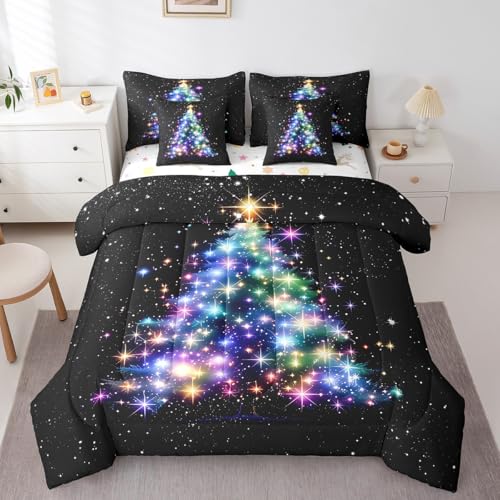 Feelyou Glitter Christmas Tree Comforter Set with Galaxy Sheets Black Queen Size 7 Pieces