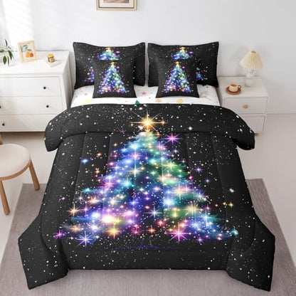 Feelyou Glitter Christmas Tree Comforter Set with Galaxy Sheets Black Queen Size 7 Pieces