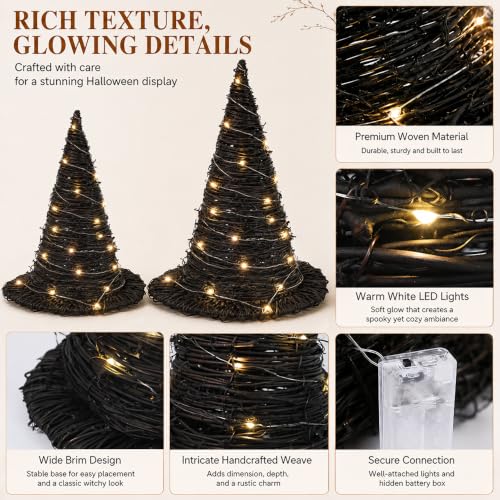 Halloween Rattan Witch Hat Decor with String Lights - 2 Pieces Table Centerpieces