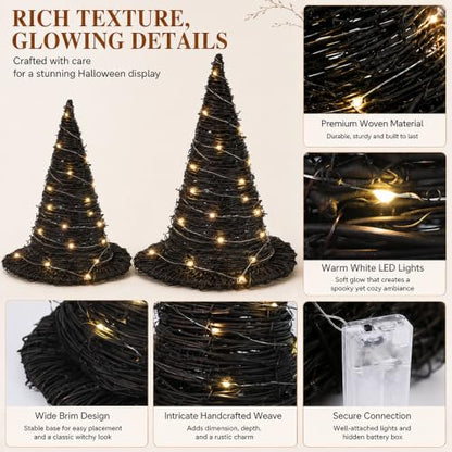 Halloween Rattan Witch Hat Decor with String Lights - 2 Pieces Table Centerpieces