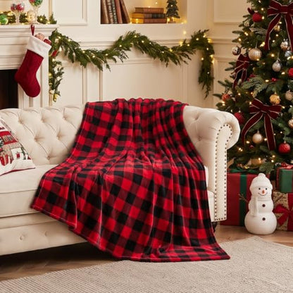 Christmas Fleece Throw Blanket for Couch & Bed - Red & Black Plaid 50x60