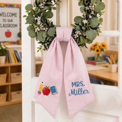 Gingham Baby Blue Personalized Teacher Door Wreath Bow with Embroidered Name