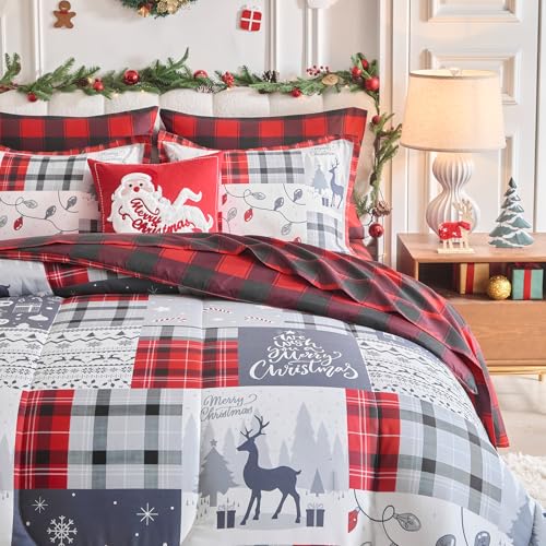 Christmas Gingham Bedding Set with Comforter Sheets Pillowcases Queen 7 Pieces - Red Gray Deer Snowflake