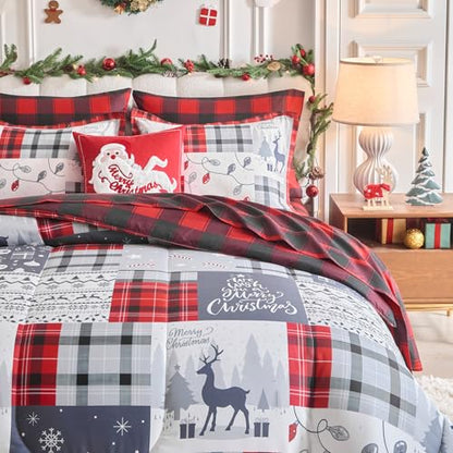 Christmas Gingham Bedding Set with Comforter Sheets Pillowcases Queen 7 Pieces - Red Gray Deer Snowflake