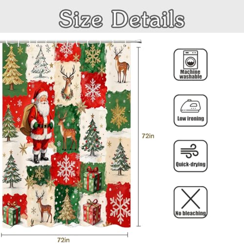 Christmas Shower Curtain with Santa Reindeer Snowflakes Holiday Trees Waterproof Fabric Red & Green 72x72 Inch Set