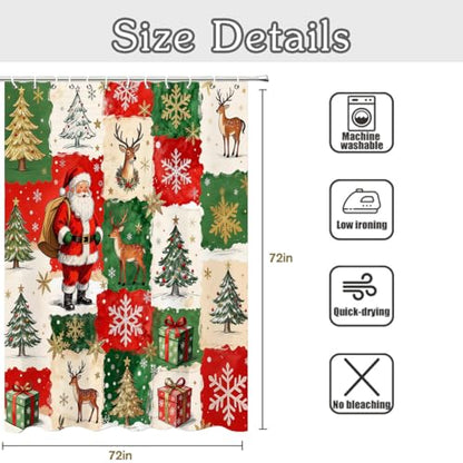 Christmas Shower Curtain with Santa Reindeer Snowflakes Holiday Trees Waterproof Fabric Red & Green 72x72 Inch Set