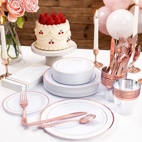 50 Guest White Rose Gold Plastic Plates Party Supplies for Wedding & Birthday