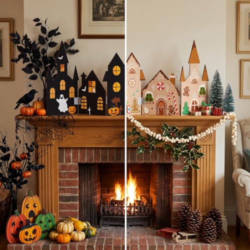 Large Reversible Halloween Christmas Village Table Decor - 28-inch Scene