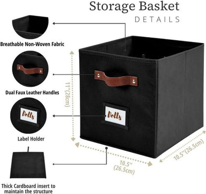DECOMOMO Storage Bins - Fabric Cube Storage Bins with Labels for Shelves | 10.5" x 11" | Black (6pcs)