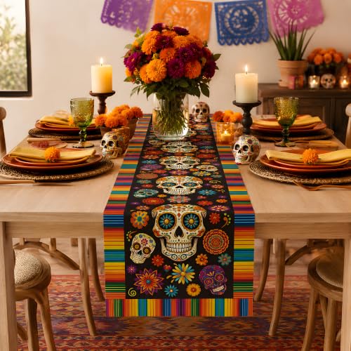 Dia De Los Muertos Decorations - Sugar Skull Day of the Dead Table Runner - Vibrant Mexican Celebration