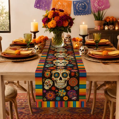 Dia De Los Muertos Decorations - Sugar Skull Day of the Dead Table Runner - Vibrant Mexican Celebration