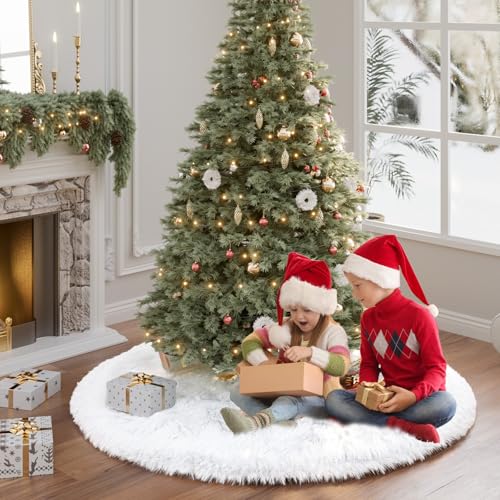 Upgraded White Faux Fur Christmas Tree Skirt - 60 Inch Plush Xmas Base Cover