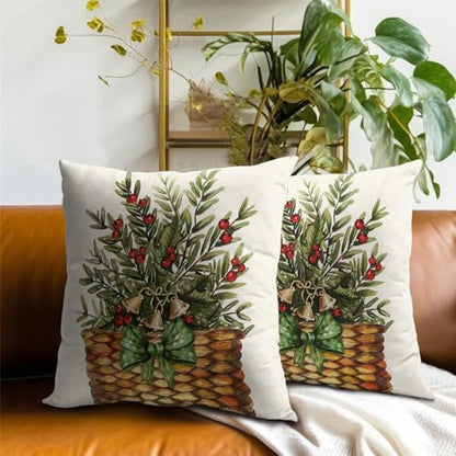 Winter Botanical Throw Pillow Covers 16x16 Inch Set of 2 Pine Branches Red Berries Basket