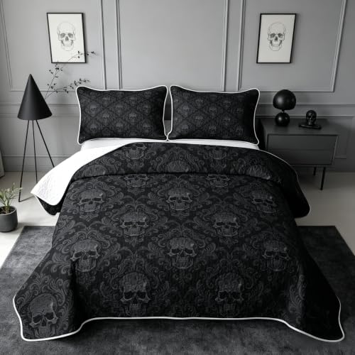 Ash & Ink Black Skull Pattern Quilt Set King Size Kids & Adults Bedding