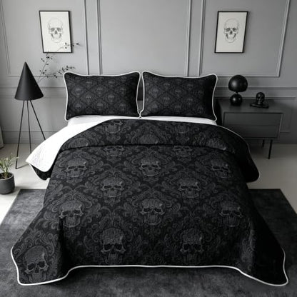 Ash & Ink Black Skull Pattern Quilt Set King Size Kids & Adults Bedding