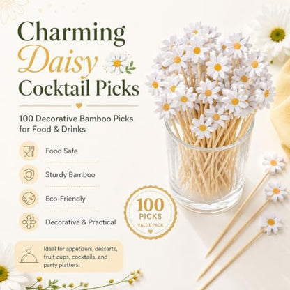 100PCS Daisy Floral Fruit Skewers Cocktail Picks for Food & Drinks