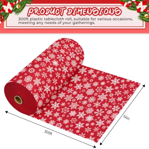 Christmas Disposable Plastic Tablecloth Roll 54 Inch x 300 Feet with Snowflake Pattern - Red