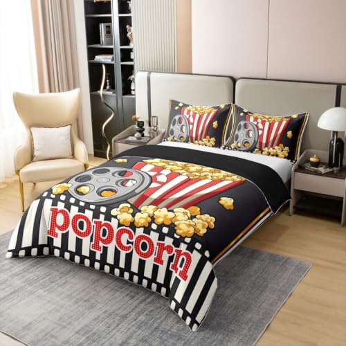 Popcorn Bedding Set - Black Red Queen Size Duvet Cover for Kids Boys Girls Movie Theater Theme