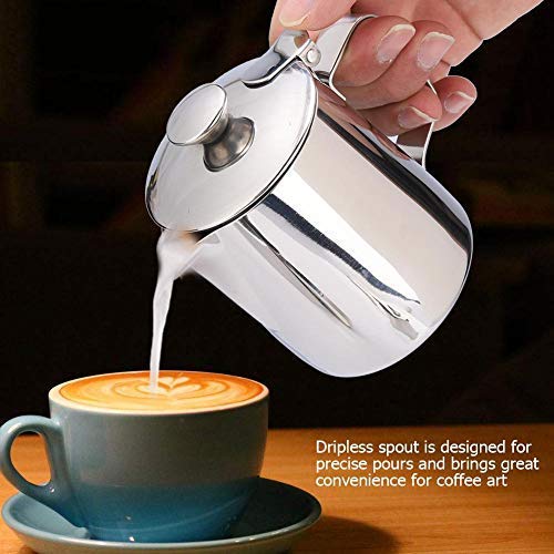 Milk Frother Cup, Stainless Steel Milk Frother Steamer Cup with Lid Coffee Cup Mug for Espresso Coffee Cappuccino Latte Art for Office Kitchen(350mL)