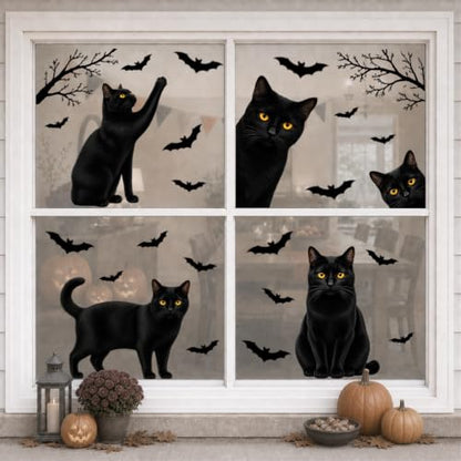 Funny Halloween Black Cat Window Clings - 6 Sheets Static Decor for Glass & Mirrors