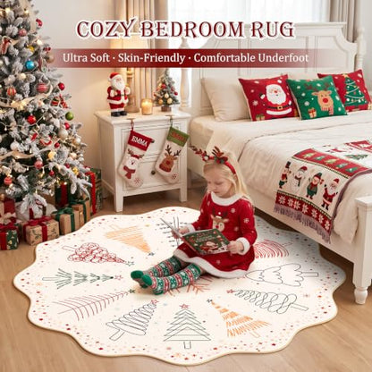 Colorful Christmas Tree Washable Round Rug 5ft for Living Room Beige