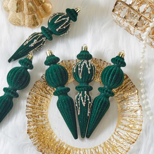 Dark Green Velvet Christmas Ornaments Set - 6 Shatterproof Plastic Holiday Balls
