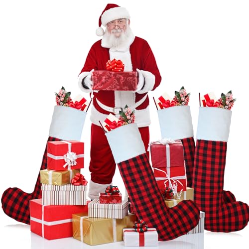 Giant Christmas Stockings Set of 4 - 43 Inch Felt & Buffalo Plaid Holiday Decor