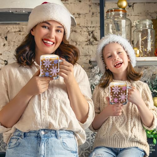 Christmas Snowflake Glass Coffee Mug Set - 12 oz Holiday Drinkware