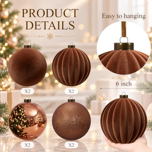 Large Brown Christmas Ball Ornaments Set - 8 Pcs 6 Inch Extra Large Holiday Decor