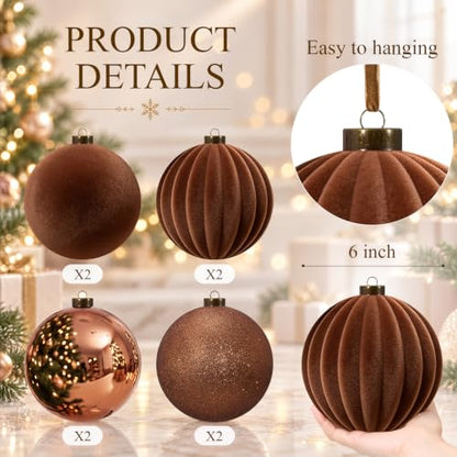 Large Brown Christmas Ball Ornaments Set - 8 Pcs 6 Inch Extra Large Holiday Decor
