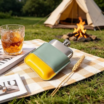 Yellow-Green 6oz Stainless Steel Hip Flask with Color-Block PU Cover - Portable Leakproof Liquor & Travel Flask