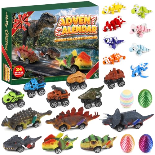 Christmas Dinosaur Advent Calendar with Pull-Back Dino Cars for Kids, 24 Surprises