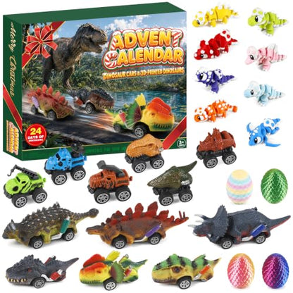 Christmas Dinosaur Advent Calendar with Pull-Back Dino Cars for Kids, 24 Surprises