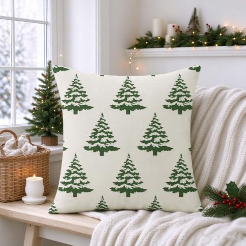 Christmas Green Tree Pillow Covers 18x18 Set of 2 - Winter Holiday Decor