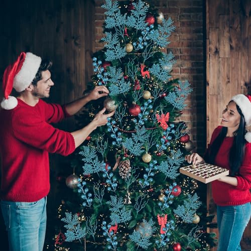 Light Blue Christmas Tree Picks 75 Pcs Glitter Berry & Pine Stems - Holiday Decor