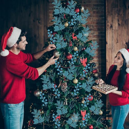 Light Blue Christmas Tree Picks 75 Pcs Glitter Berry & Pine Stems - Holiday Decor