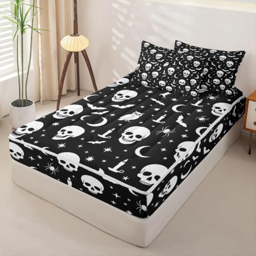 Halloween Gothic Skull Zipper Bedding Set for Kids Full Size Ghost White Variation