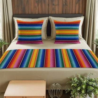 Mexican Stripes King Bed Runner & Pillow Cover Set Pink Turquoise Yellow 94x20