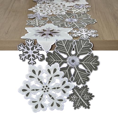 Snowflake Embroidered Table Runner - Gray Silver Winter Holiday Decor 14x34 inches