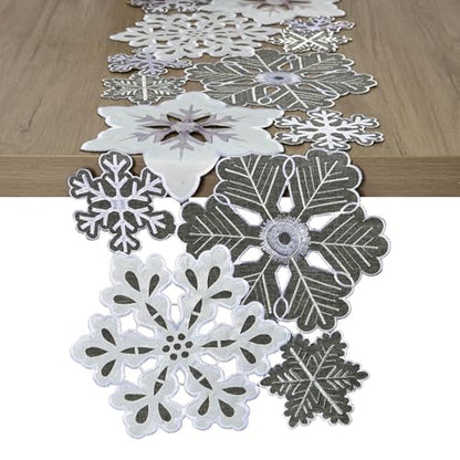 Snowflake Embroidered Table Runner - Gray Silver Winter Holiday Decor 14x34 inches