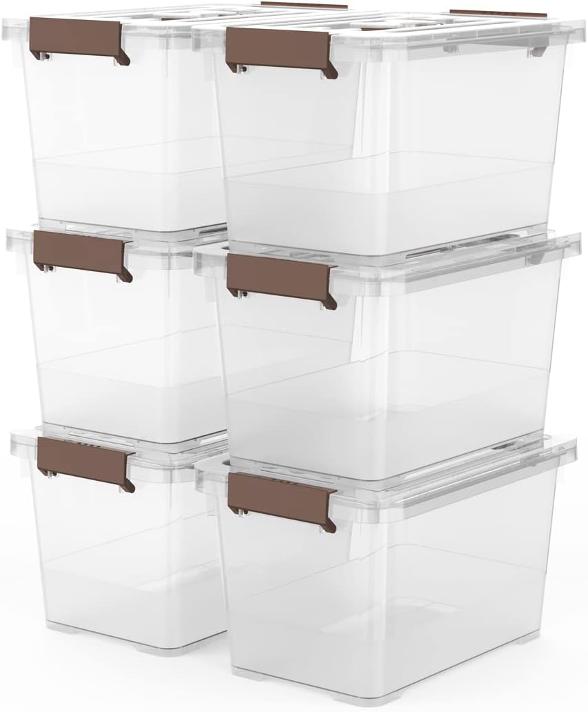 WYT 7 Quart Clear Storage Latch Box - Stackable Plastic Bins with Brown Handle & Lid | Multi-Purpose 6-Pack