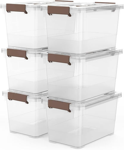 WYT 7 Quart Clear Storage Latch Box - Stackable Plastic Bins with Brown Handle & Lid | Multi-Purpose 6-Pack