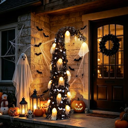 Black Halloween Tree with Ghost Skull Lights - 5ft Pop Up Tinsel Tree - Variation: Ghost Skull