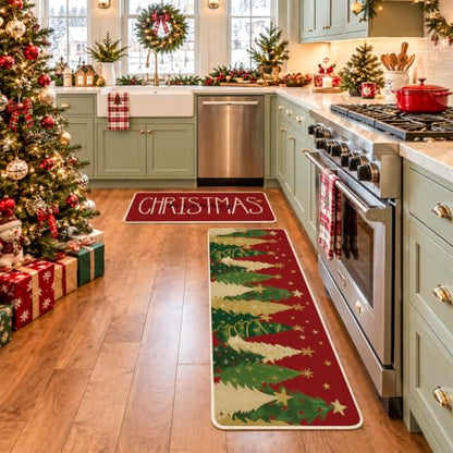 Christmas Kitchen Mats Set of 2 - 17x29" & 17x47" Burlap Backed Non-Slip Rugs