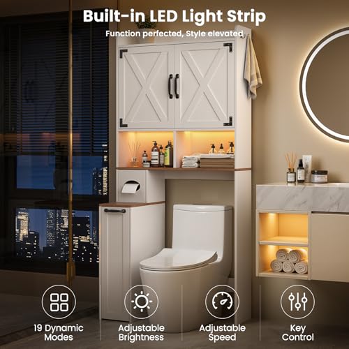 Over the Toilet Storage Cabinet with LED Lights - White Farmhouse Bathroom Organizer