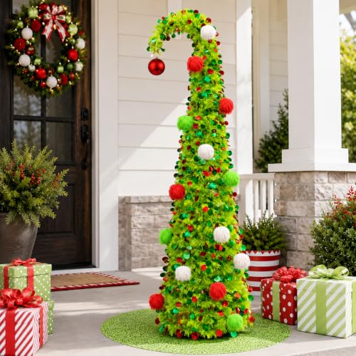 6 FT Green Whimsical Curved Pop Up Christmas Tree with Lights & Ornaments