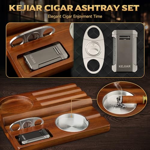 Brown Wooden Cigar Ashtray Set with Lighter Cutter & Accessories - Indoor Outdoor
