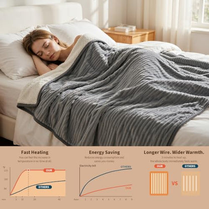 Garvee Light Gray Heated Blanket with Foot Pockets, 50x62 Electric Throw, Reversible Ribbed & Sherpa