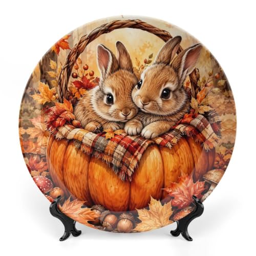 Cute Autumn Pumpkin Rabbits Decorative Bone China Plate 8in - Style 1