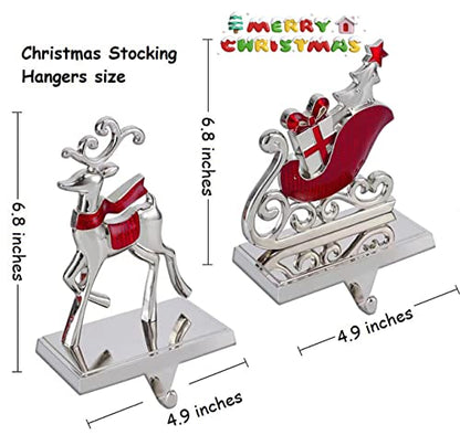 Christmas Stocking Holders Set of 4 Reindeer & Sled Car Hooks Mantle Fireplace Decor